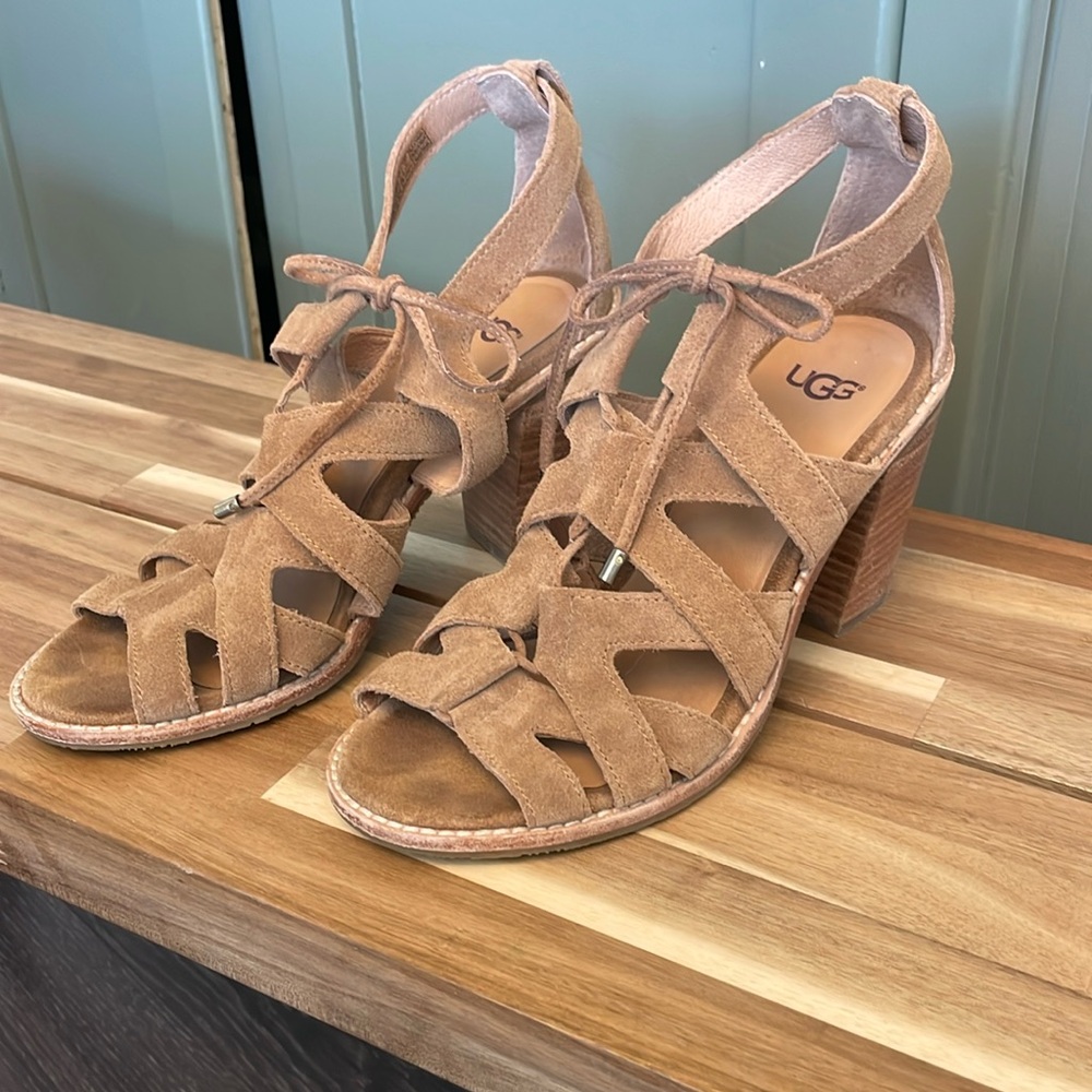 UGG Beige Suede lace-up block heels, women’s size 7